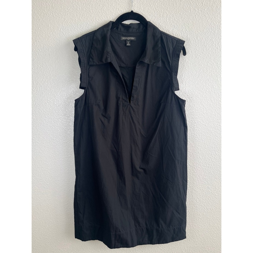 Banana Republic 100% Cotton Shift Dress Sleeveless Collared V-Neck Black Medium - Picture 2 of 10